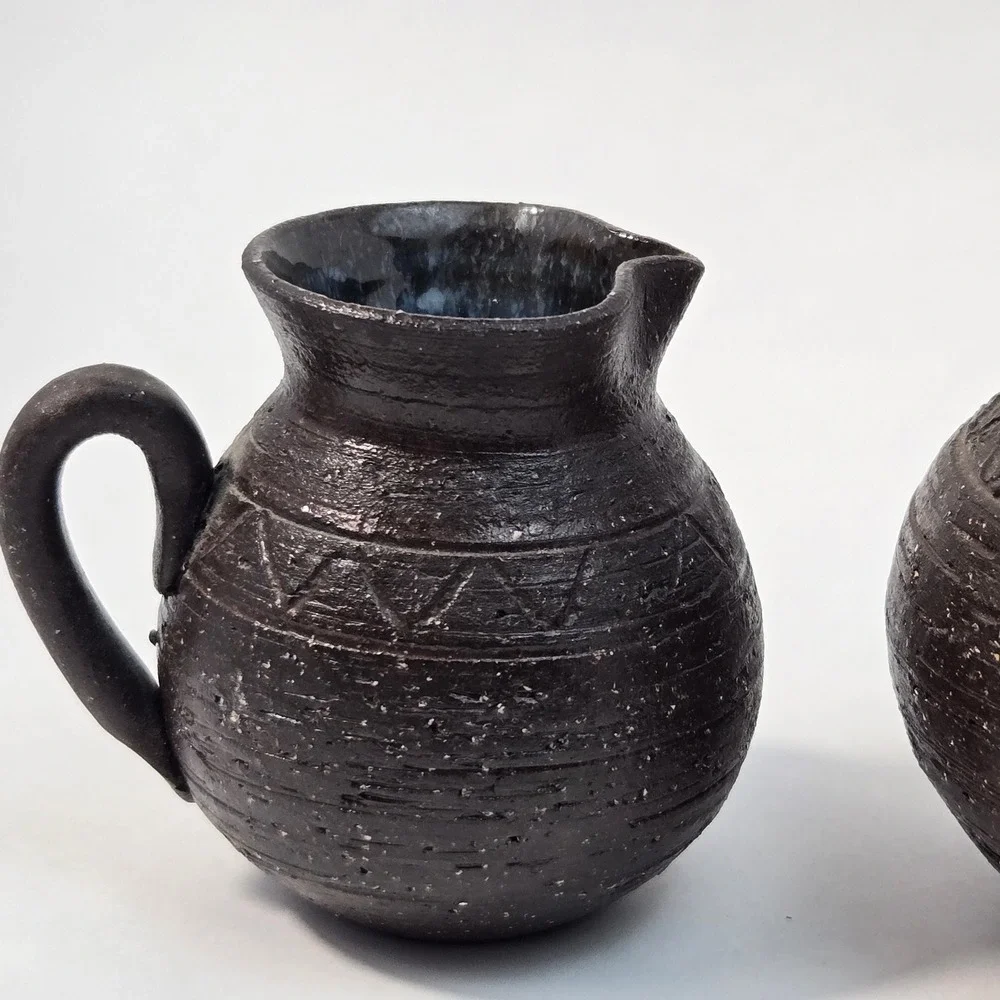 Studio Pottery Set Dark Brown Textured Pitcher and Flower Frog Vase